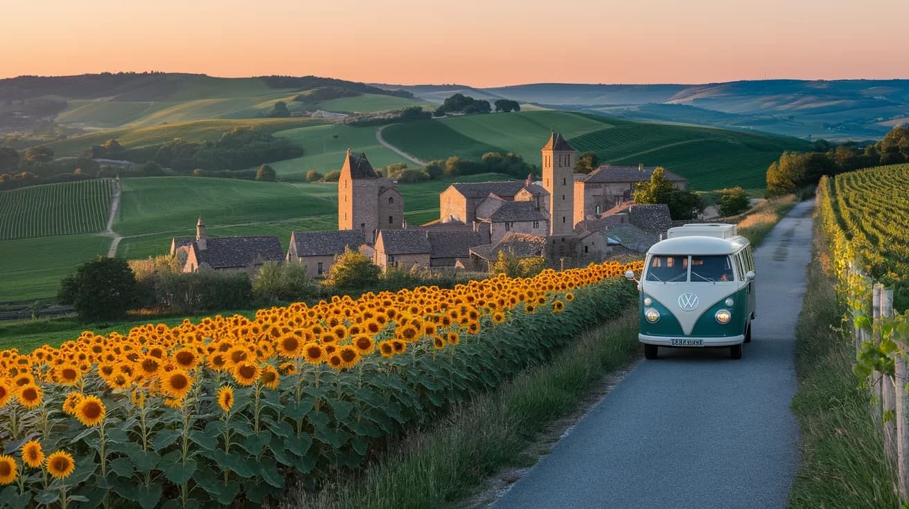 Combi Volkswagen vert et blanc sur une petite route de campagne au coucher du soleil, longeant un champ de tournesols et une vigne, avec un village de pierre à deux tours carrées et des collines verdoyantes en arrière-plan