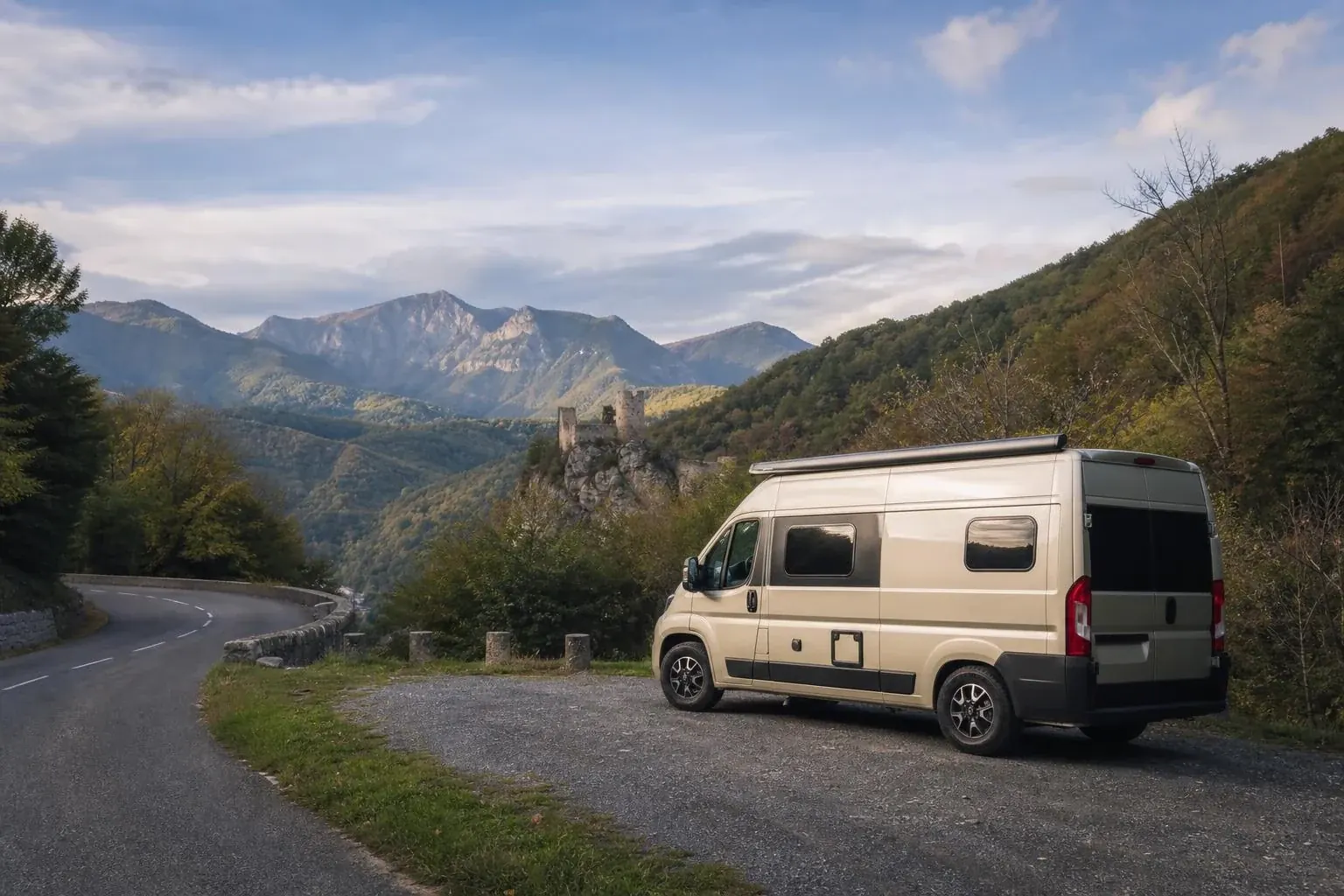 Fourgon aménagé beige vu de trois-quarts arrière, garé sur une aire de terre en bord de route de montagne en épingle, avec les ruines d'un château sur un éperon rocheux et les sommets des Pyrénées en arrière-plan