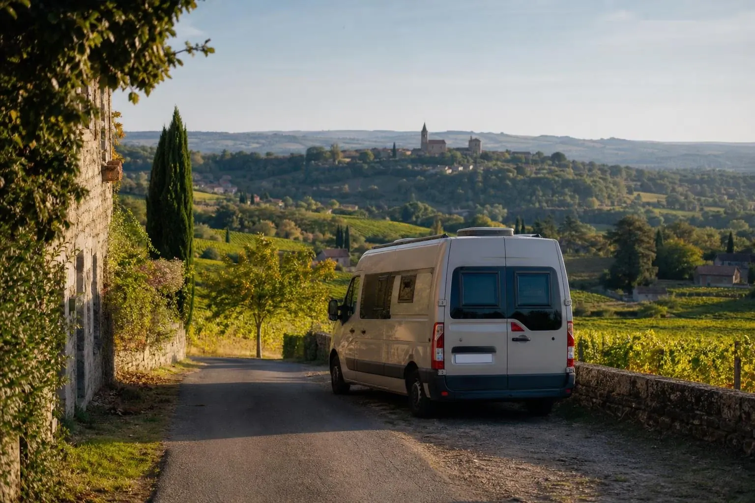 Fourgon aménagé blanc garé à l'arrêt sur une petite route bordée d'un mur en pierre couvert de lierre et de vignes, avec un village au clocher pointu visible au loin sur une colline