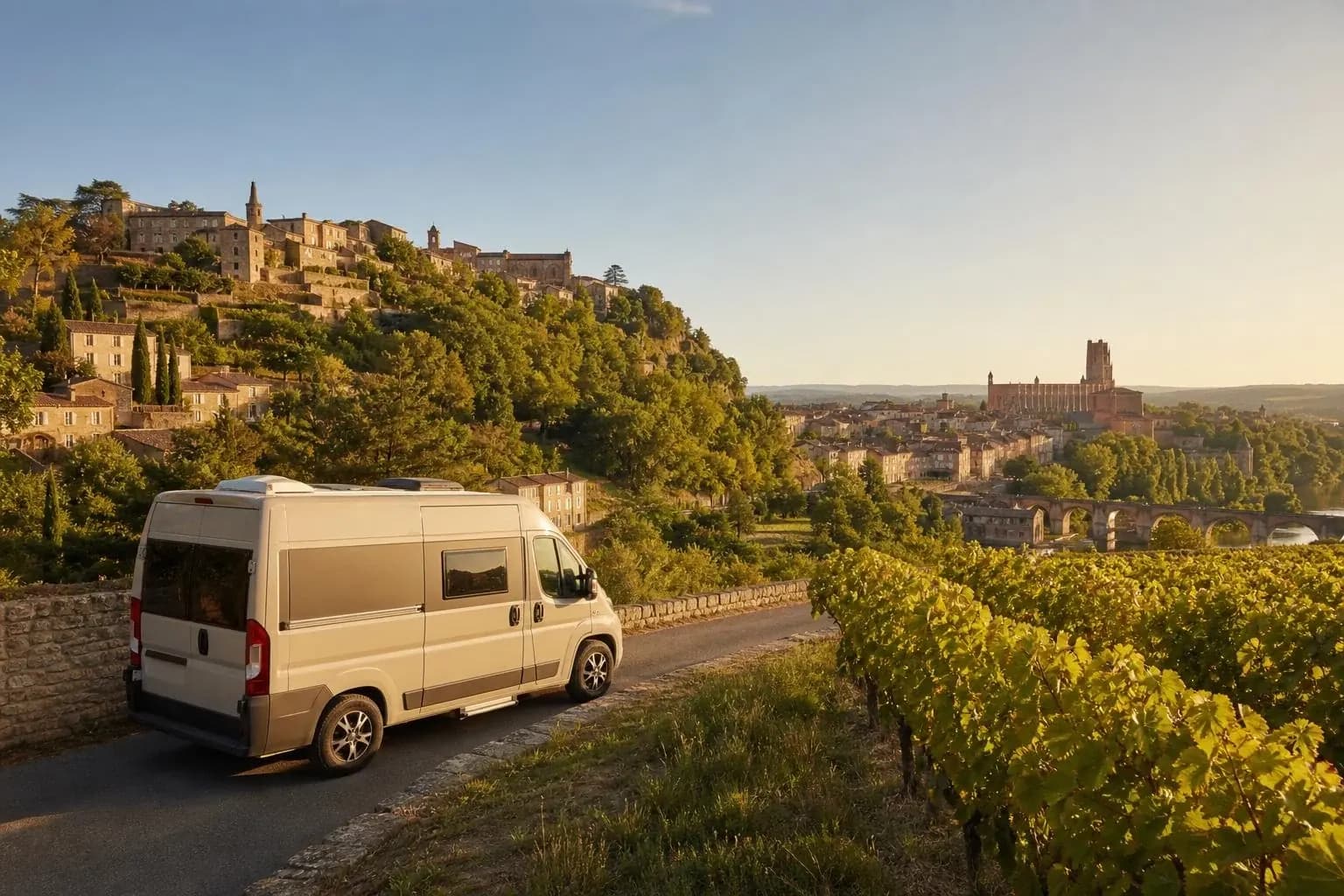 Fourgon aménagé vu de l'arrière, garé sur une route en surplomb de vignes, avec un village perché et une ville au bord d'une rivière visibles au coucher du soleil