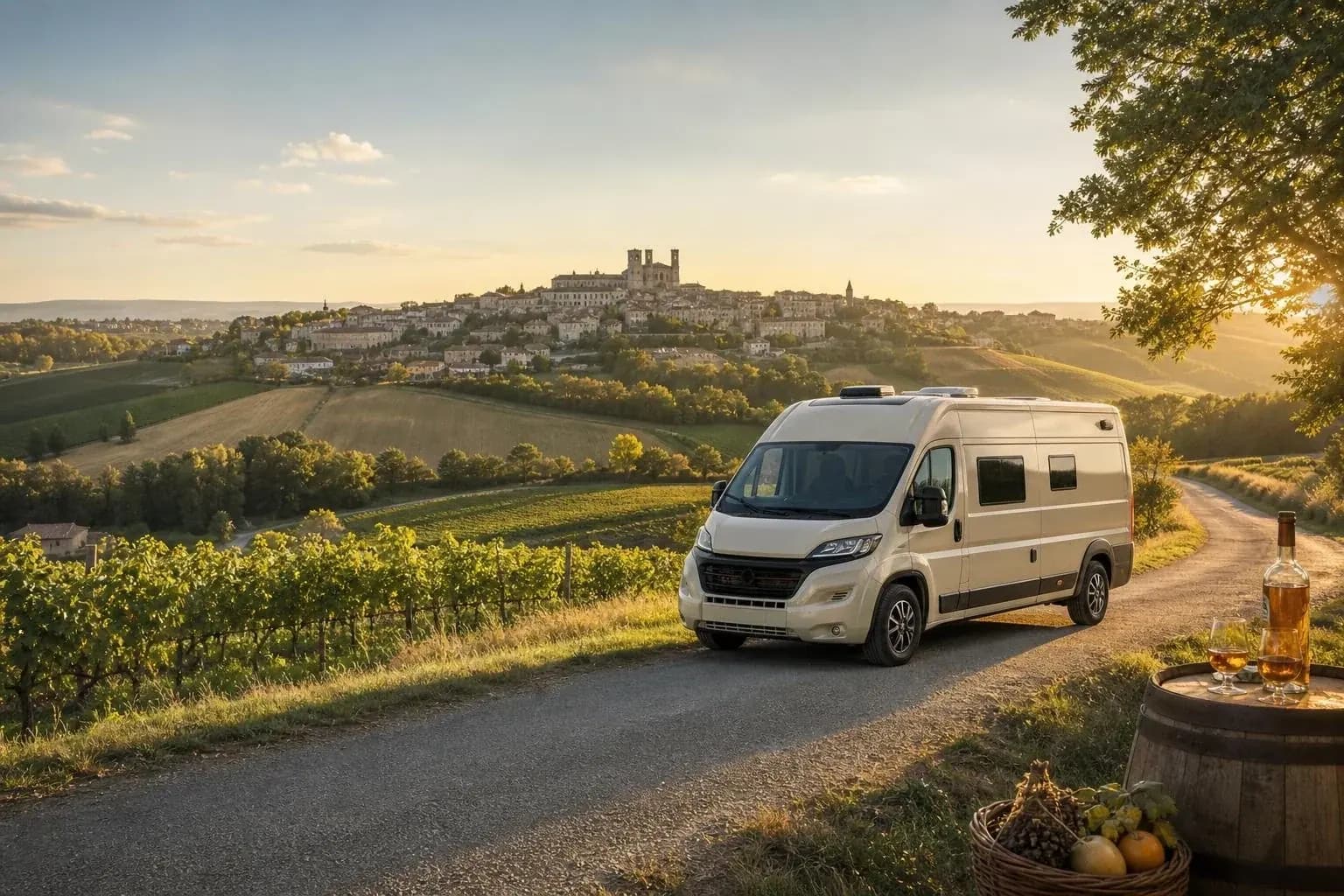 Fourgon aménagé crème garé sur un chemin de terre au coucher du soleil, avec des vignes en contrebas, un village perché surmonté d'une collégiale à l'horizon, et un tonneau de bois avec deux verres et un panier de raisins au premier plan