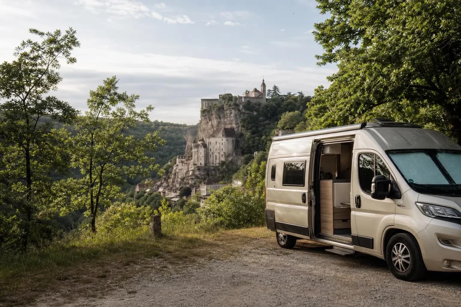 Van aménagé porte latérale ouverte sur son aménagement intérieur, garé sur un chemin de terre entouré d'arbres, face à un village accroché à une falaise et surmonté d'un château