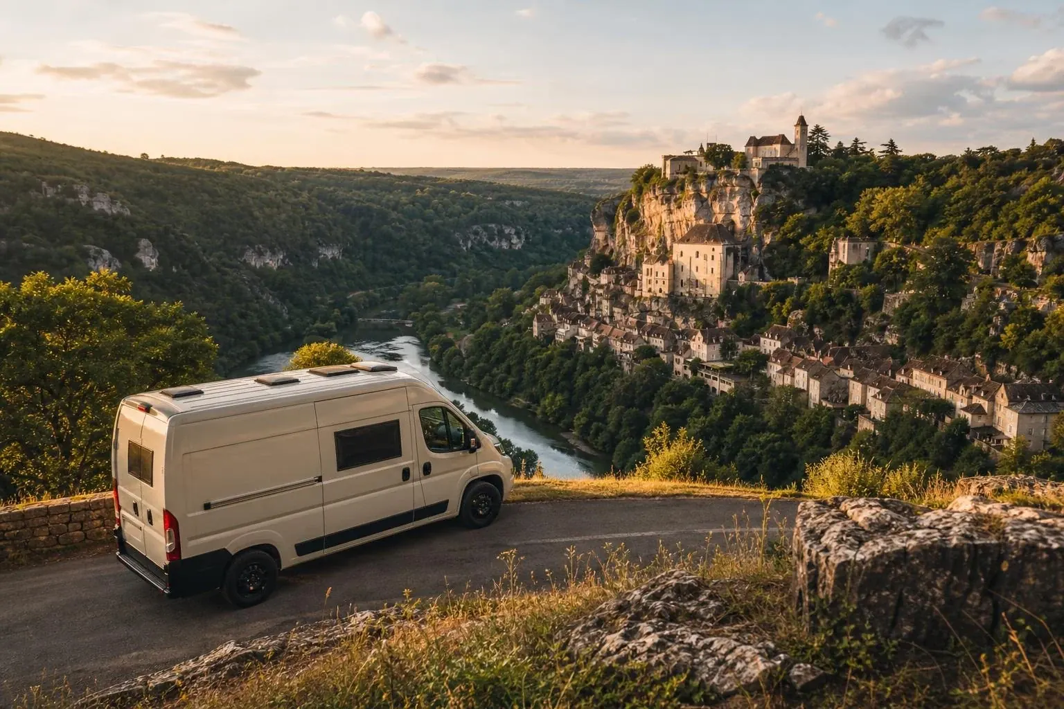 Fourgon aménagé crème garé sur un virage de route au coucher du soleil, surplombant une rivière et un village perché sur une falaise avec son château